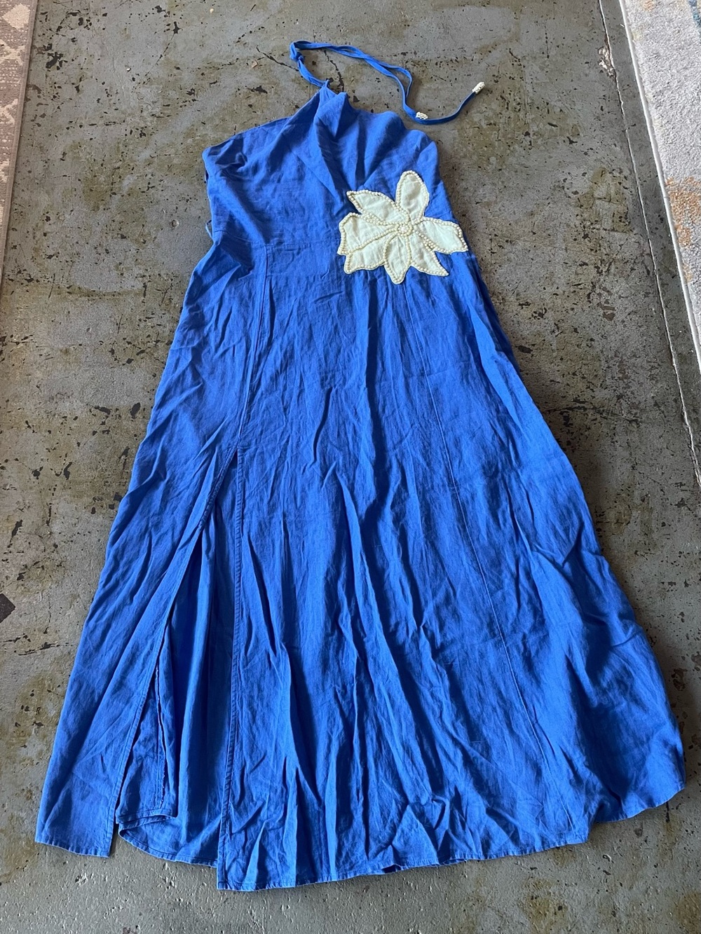 Celandine NWT Bright Blue Linen-Blend Halter Maxi Dress from Anthropologie Sz L